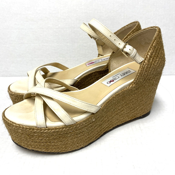 Jimmy Choo Delaney Sandal 80 Ivory Leather Wedge Braided Rope Detailing … - Picture 6 of 11
